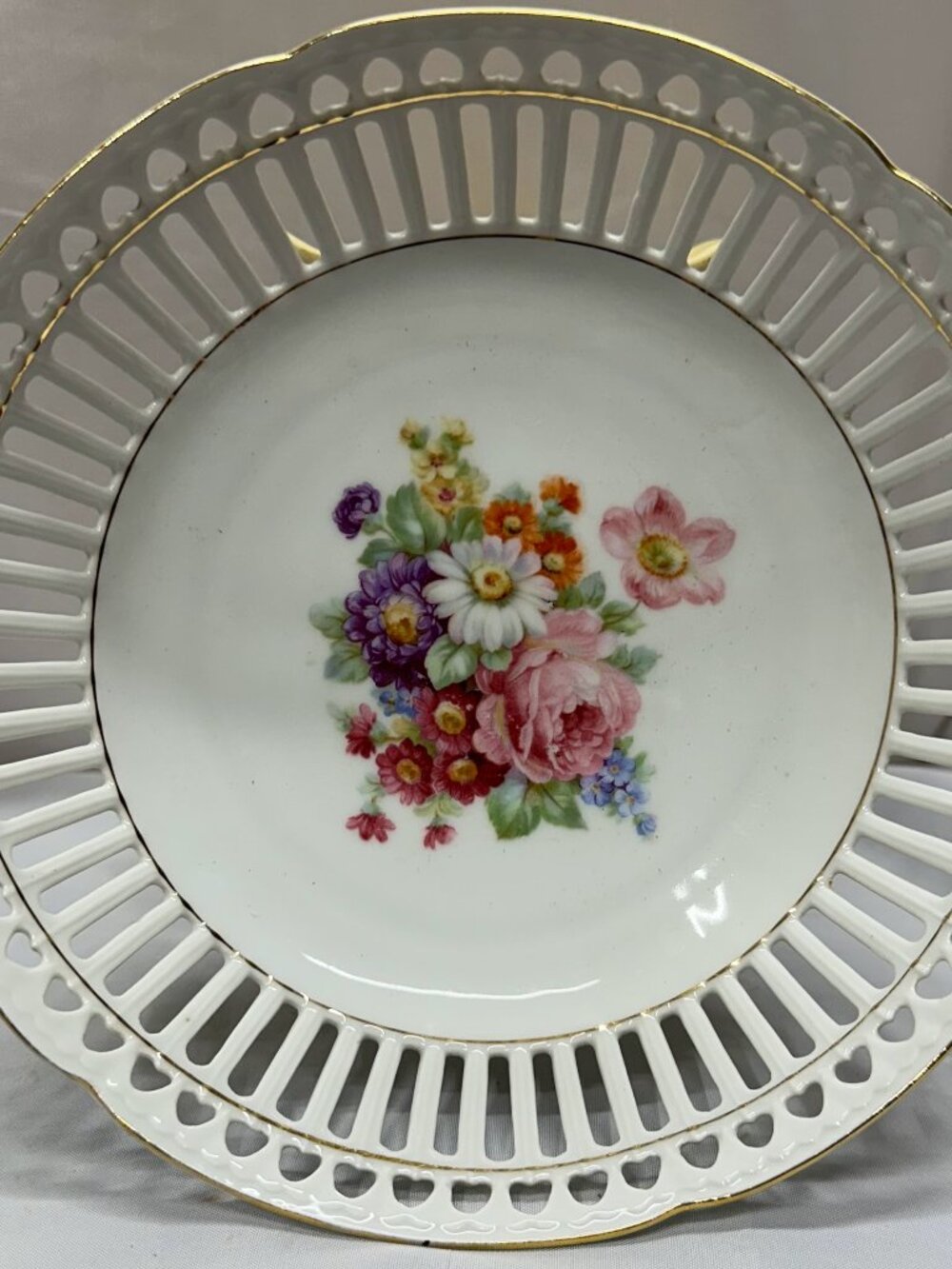Vintage German Reticulated Porcelain Bowl Floral Cabbage Rose Hearts Pierced 8.5